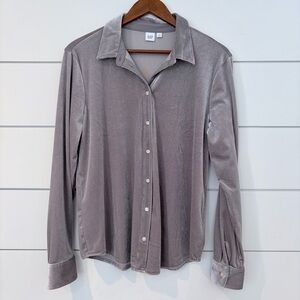 GAP Velvet Button Down Blouse Taupe Minimalist Soft Girl Stretch M Quiet Luxury